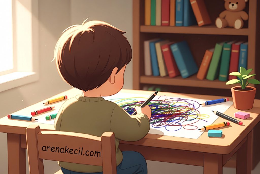 ilustrasi anak mencorat coret kertas dengan crayon